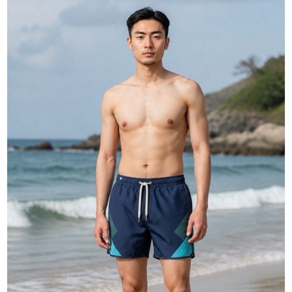Fair Harbor Men's W32 Swim Trunks Brief Lined 8" Blue Green Colorblock EUC